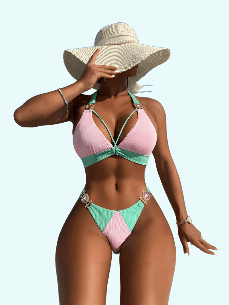 Farbpassend Schnür kragen Bikini mit hoher Taille