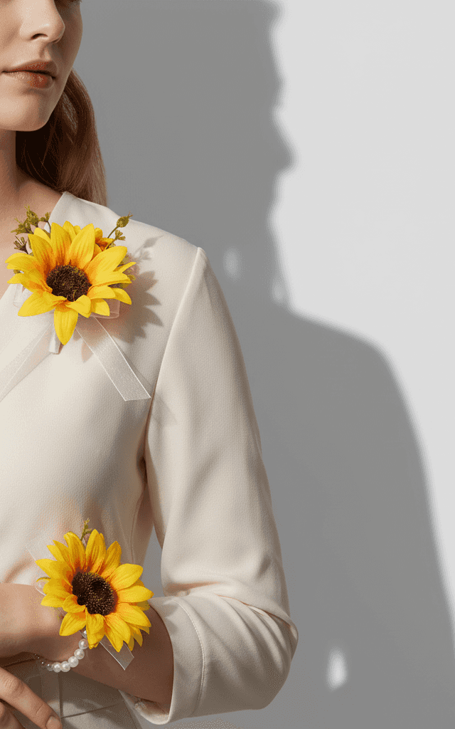 Lebendige Sonnenblumen Corsage und Boutonniere Set mit Perlenarmband und durchscheinendem weißen Band