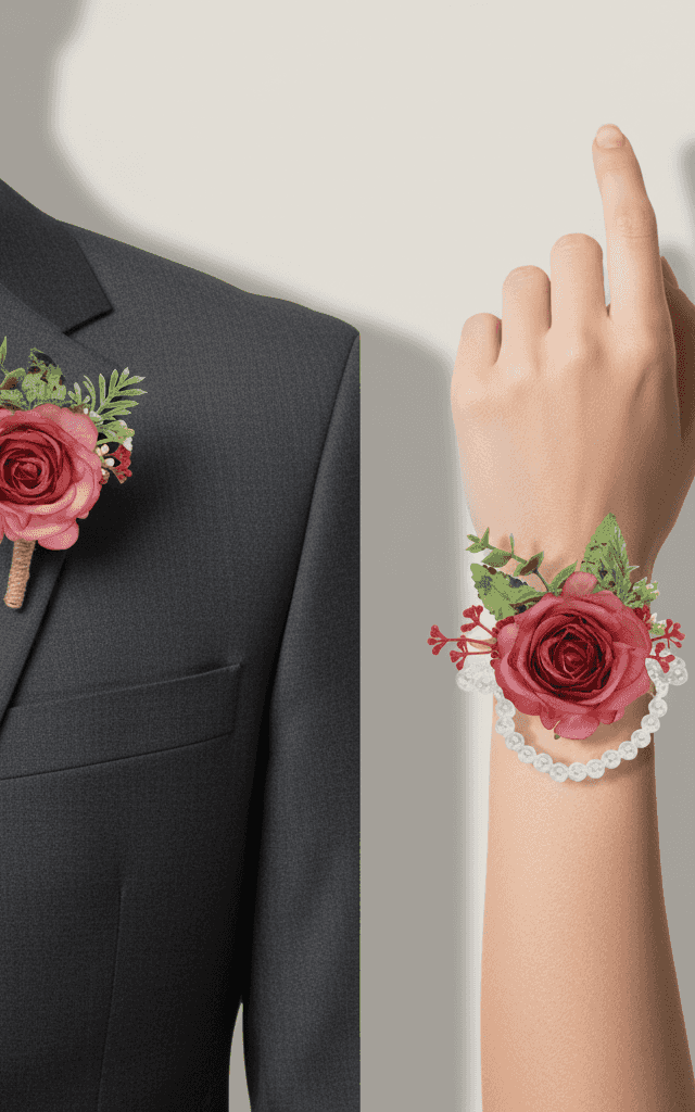 Staubiges Rosa Rosen Corsage Ensemble mit Perlenarmband und weißen Füllblumen für romantische Anlässe