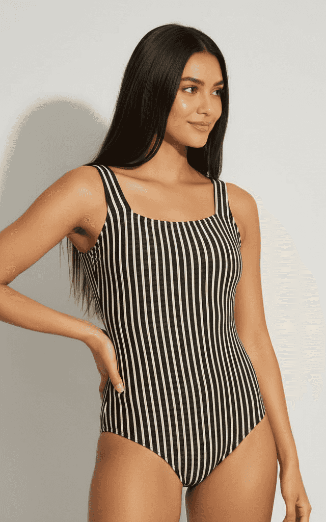 Schwarz-cremefarbenes vertikales Streifen-Maillot mit eckigem Ausschnitt mit dicken Trägern und Retro-Styling