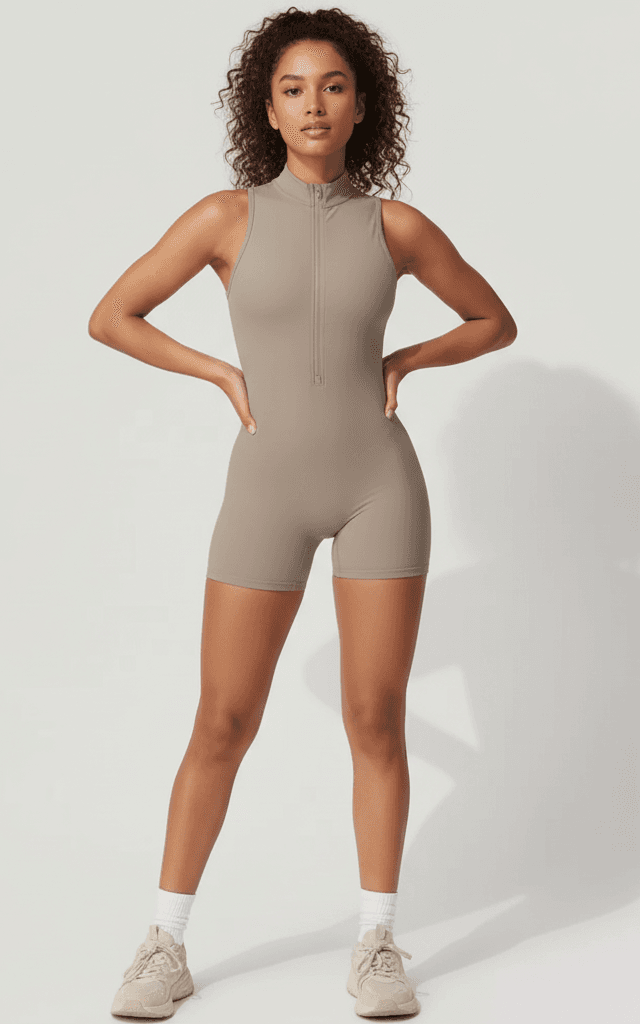 Taupe ärmelloser Reißverschluss-Romper für Gym und Fitness Performance Wear