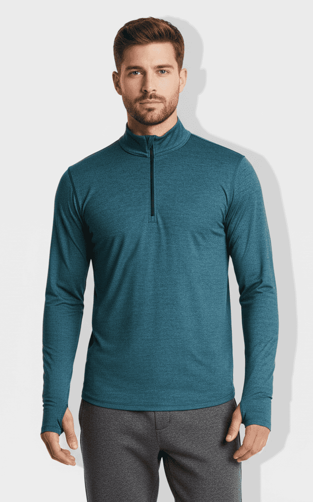 Herren 1/4-Reißverschluss-Basisschicht, Teal-Melange Performance-Stoff mit Daumenlöchern für Kaltwetter-Layering