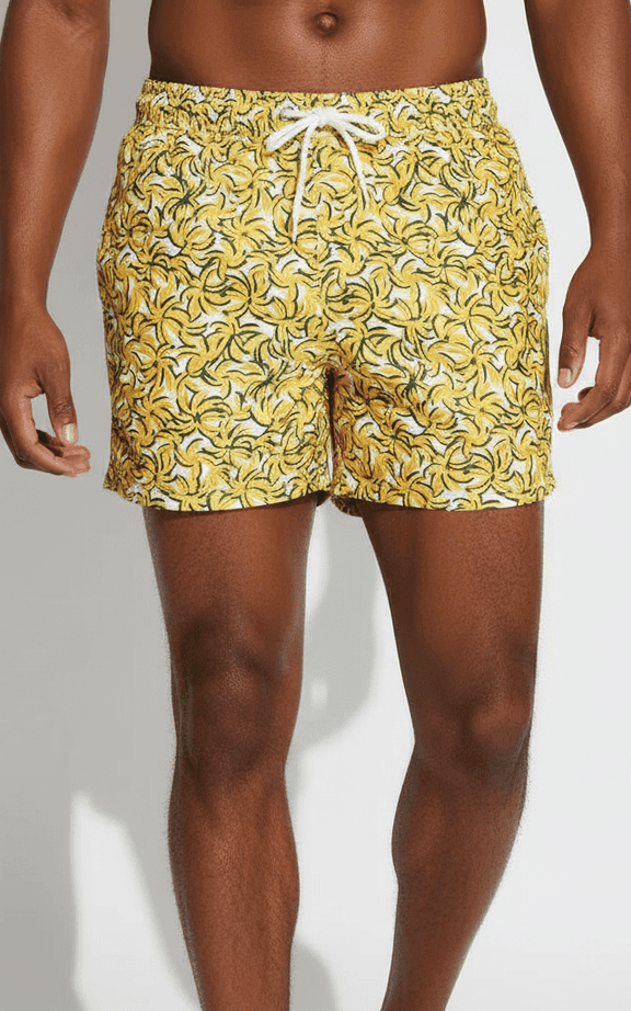 Bananen-Print Retro-Badehose, lustiges durchgehendes gelbes Bananenmuster, kurzer Schnitt für maximale Beweglichkeit