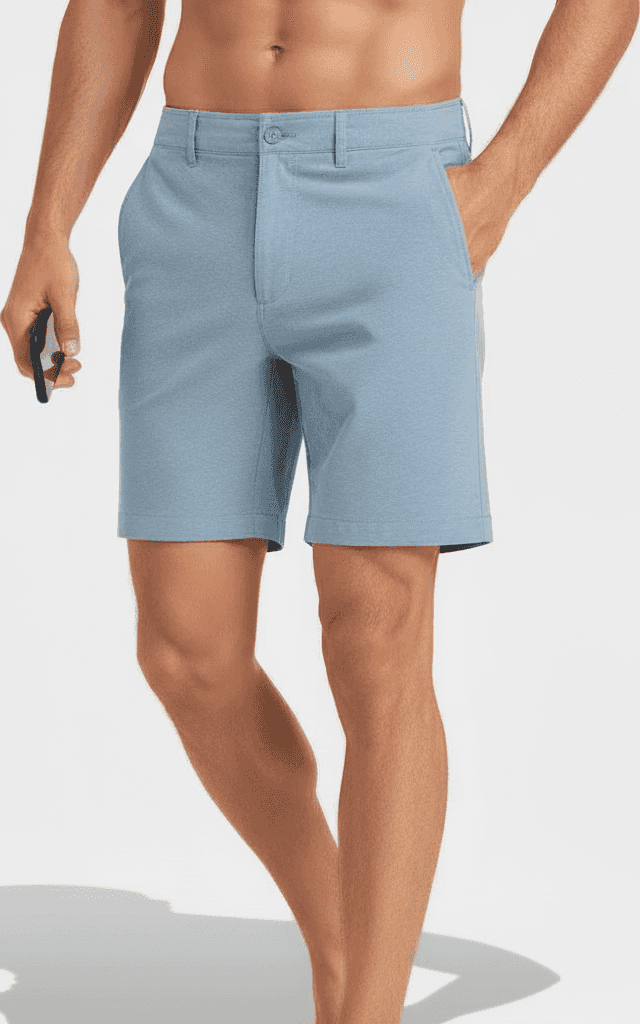 Performance Hybrid-Boardshort Melange Blau, maßgeschneiderte Passform, Chino-Stil Knopfverschluss für vielseitiges Tragen