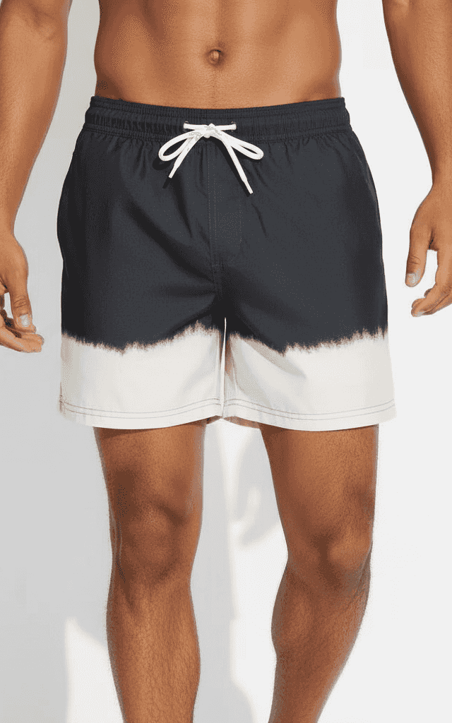 Dip-Dye Ombré Bade-Short Schwarz und Beige, dunkles Oberteil mit hellem Boden-Farbverlauf, moderner Batik-Stil