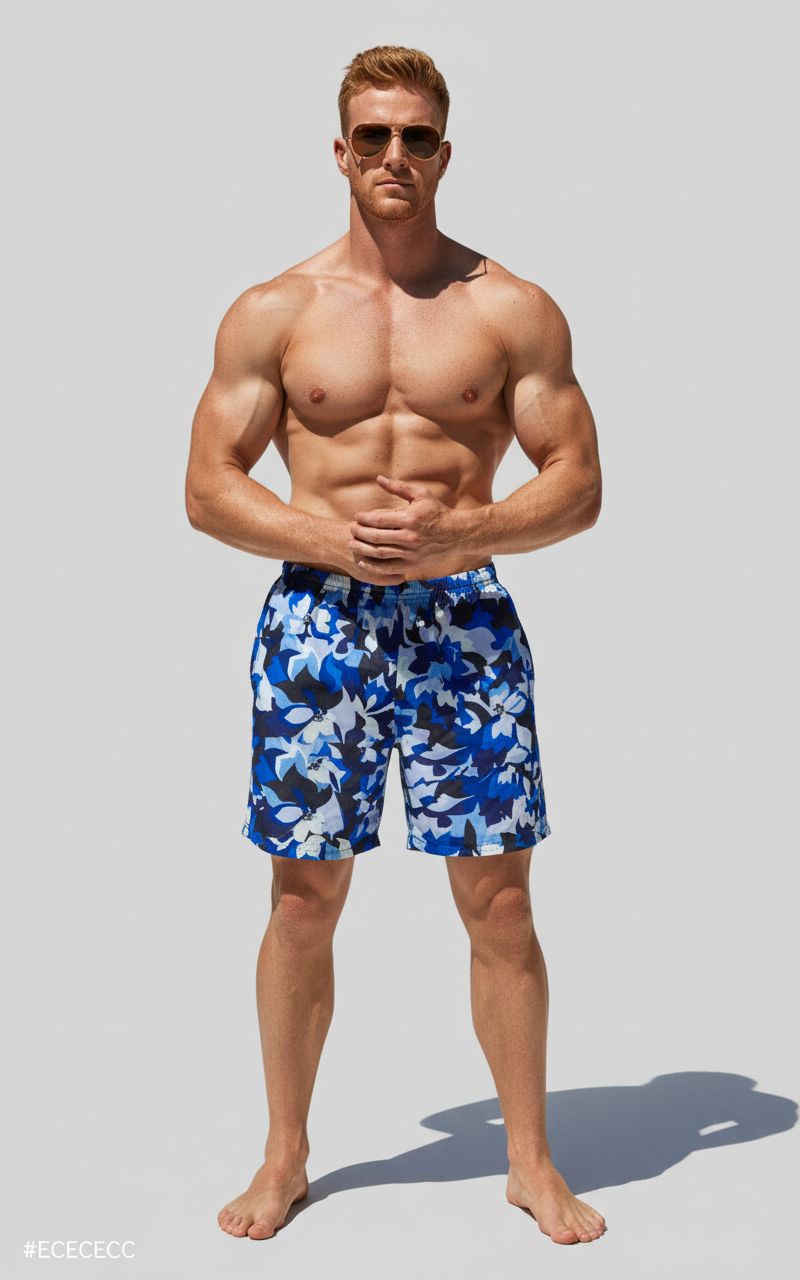 Herren Tan-Through Badeshorts mit blauem floralem Camouflage-Muster.