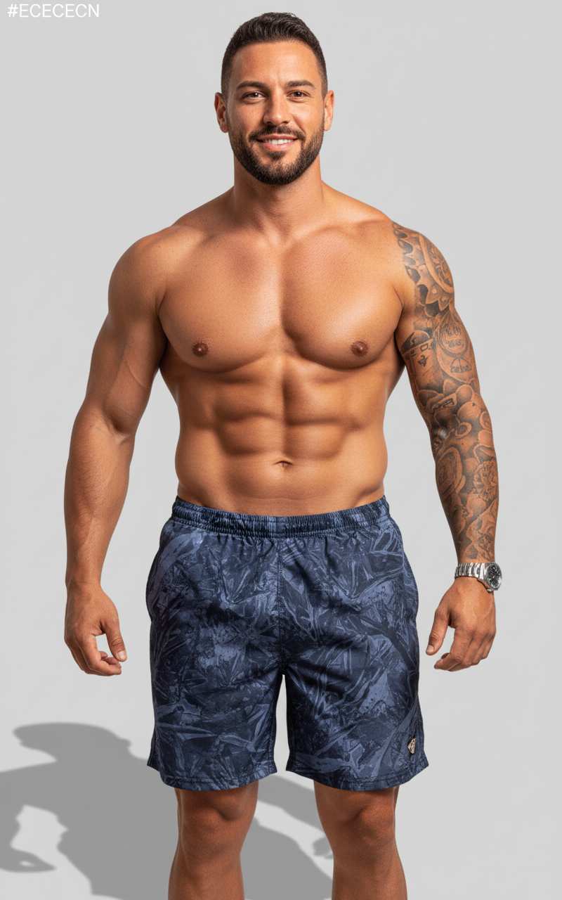 Herren Tan-Through Boardshorts mit Navy-Schattenprint.