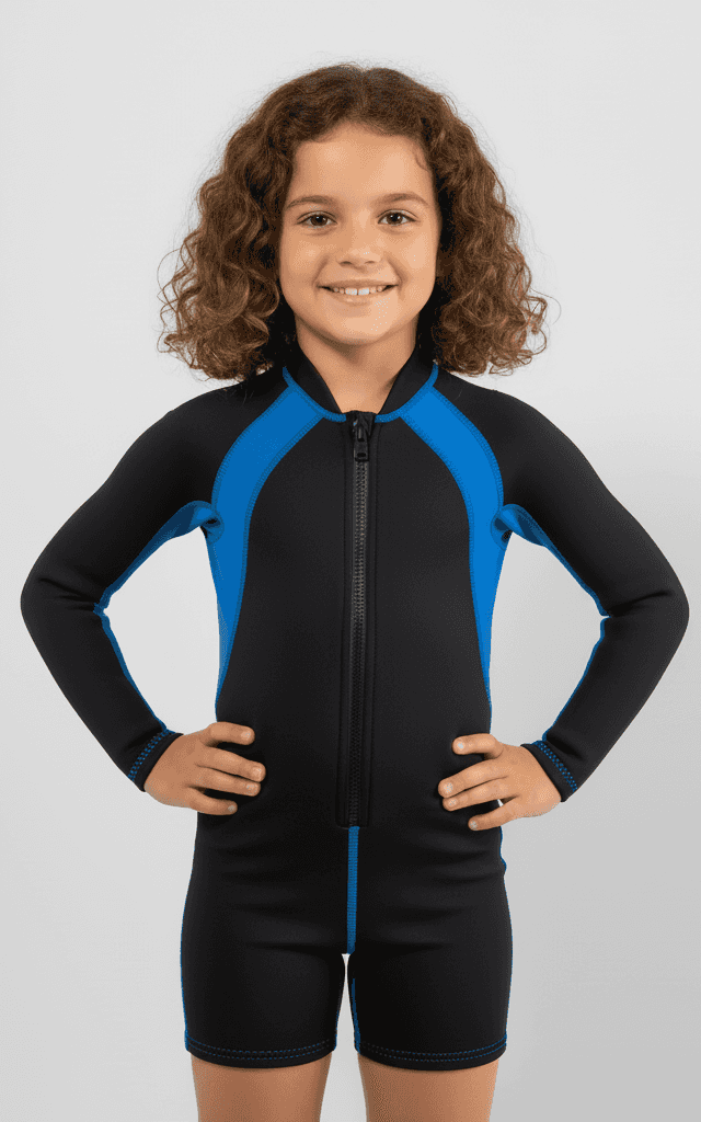 Kinder Shorty Neoprenanzug, schwarz und blau Long-Sleeve mit Frontreißverschluss, für Schwimmen und Strandspiel